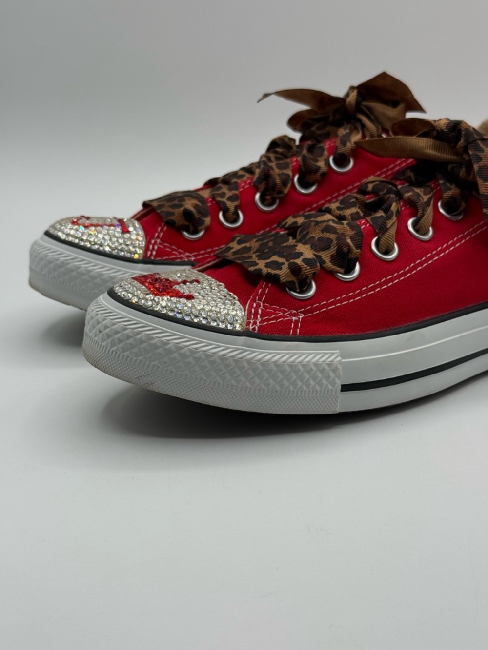 Custom Red Converse Sneakers w/ Leopard Laces & Rhinestone Low Top Chuck Taylors - Picture 11 of 16